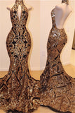 Halter Open Back Gold Sequins Appliques Prom Dresses Mermaid bc1179