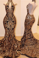 Halter Open Back Gold Sequins Appliques Prom Dresses Mermaid bc1179