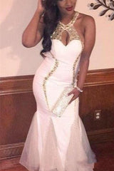 Halter Open Back Prom Dresses Mermaid Sleeveless Gold Beading Sequins Evening Gowns