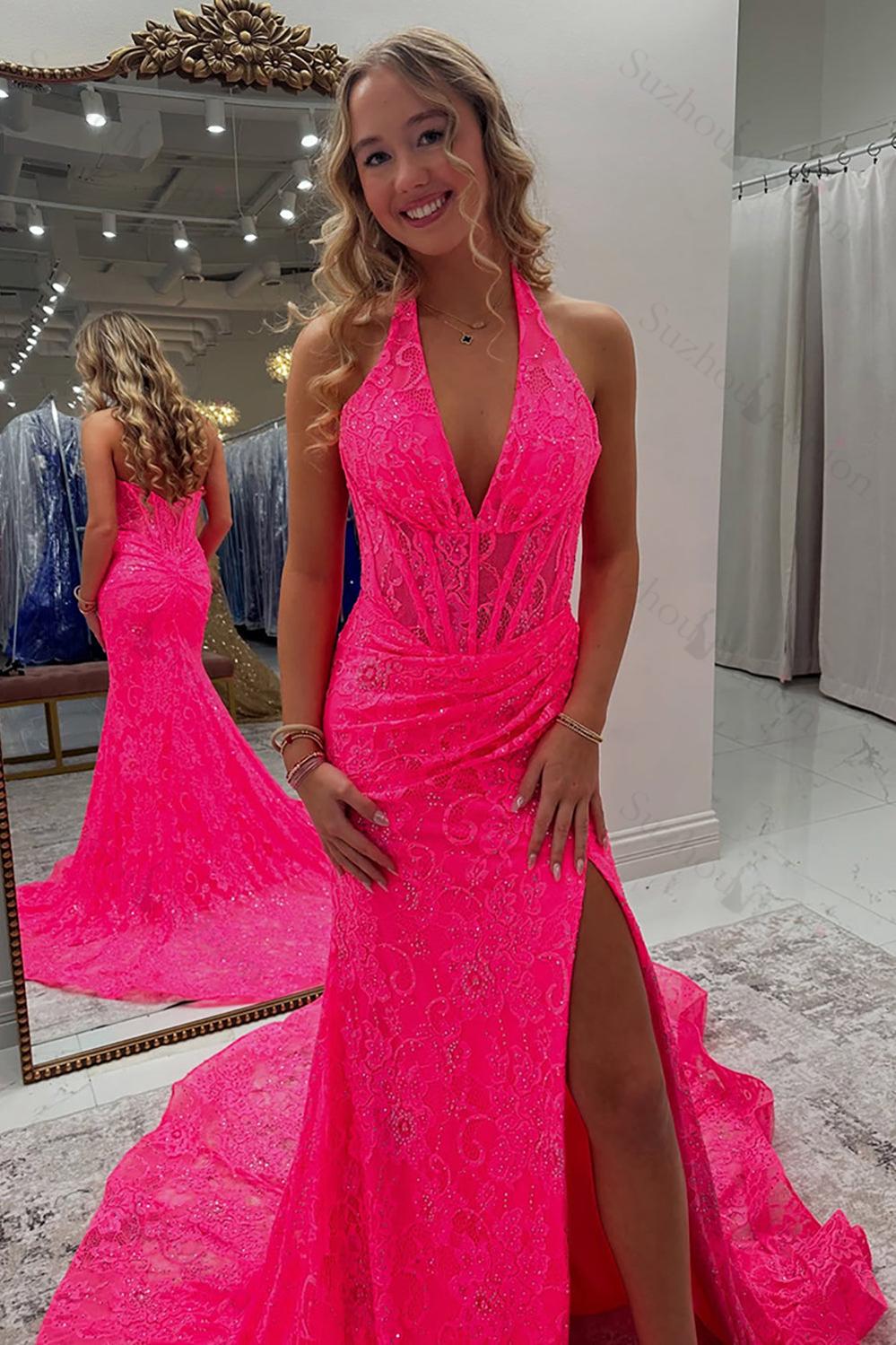 Suzhoufashion Halter Pink Prom Dress Long Lace Formal Dress With Slit Suzhoufashion Halter Pink Prom Dress Long Lace Formal Dress With Slit