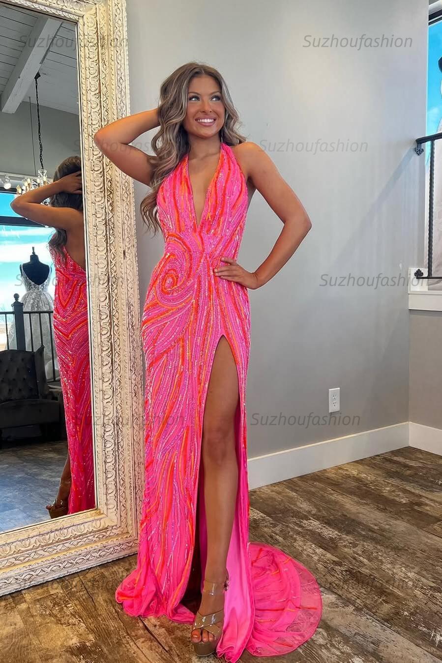 Suzhoufashion Women Halter Prom Dress Pink and Orange Mermaid Evening Dress with Slit suzhoufashion Suzhoufashion Women Halter Prom Dress Pink and Orange Mermaid Evening Dress with Slit suzhoufashion