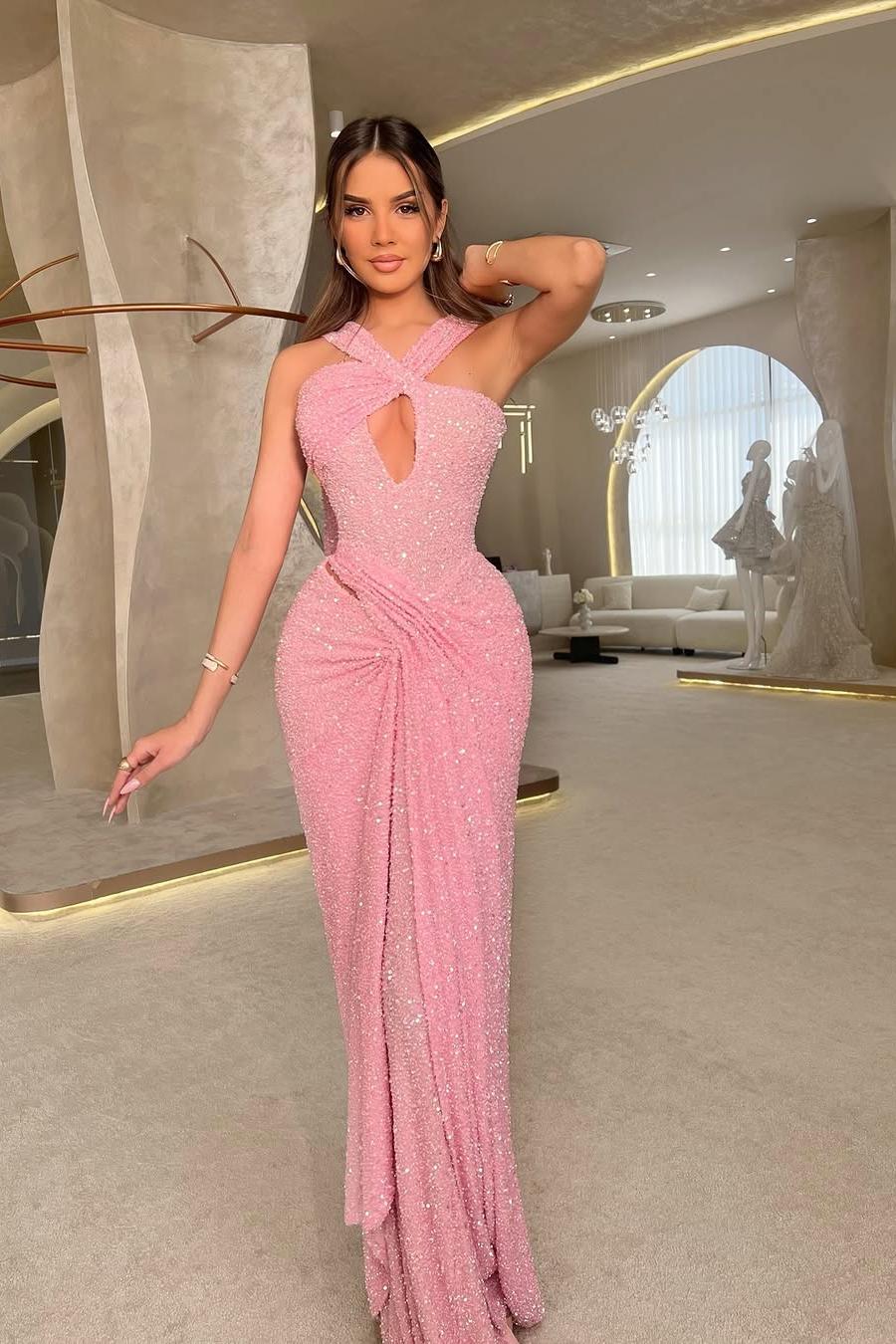 Halter Sequined Sleeveless Mermaid Long Evening Formal Dress With Pleated