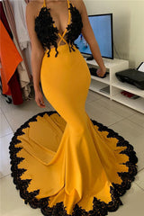 Halter Sexy Black Lace Appliques Mermaid Ginger Prom Dress bc3341