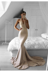 Halter Sexy Evening Gown Sleeveless Mermaid Long V-neck Prom Dress BA5478
