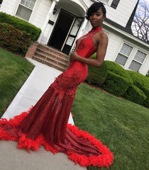 Halter Sheer Tulle Sexy Prom Dress with Feather | Open Back Mermaid Appliques Prom Dresses bc1364