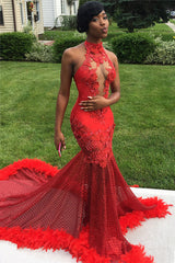Halter Sheer Tulle Sexy Prom Dress with Feather | Open Back Mermaid Appliques Prom Dresses bc1364