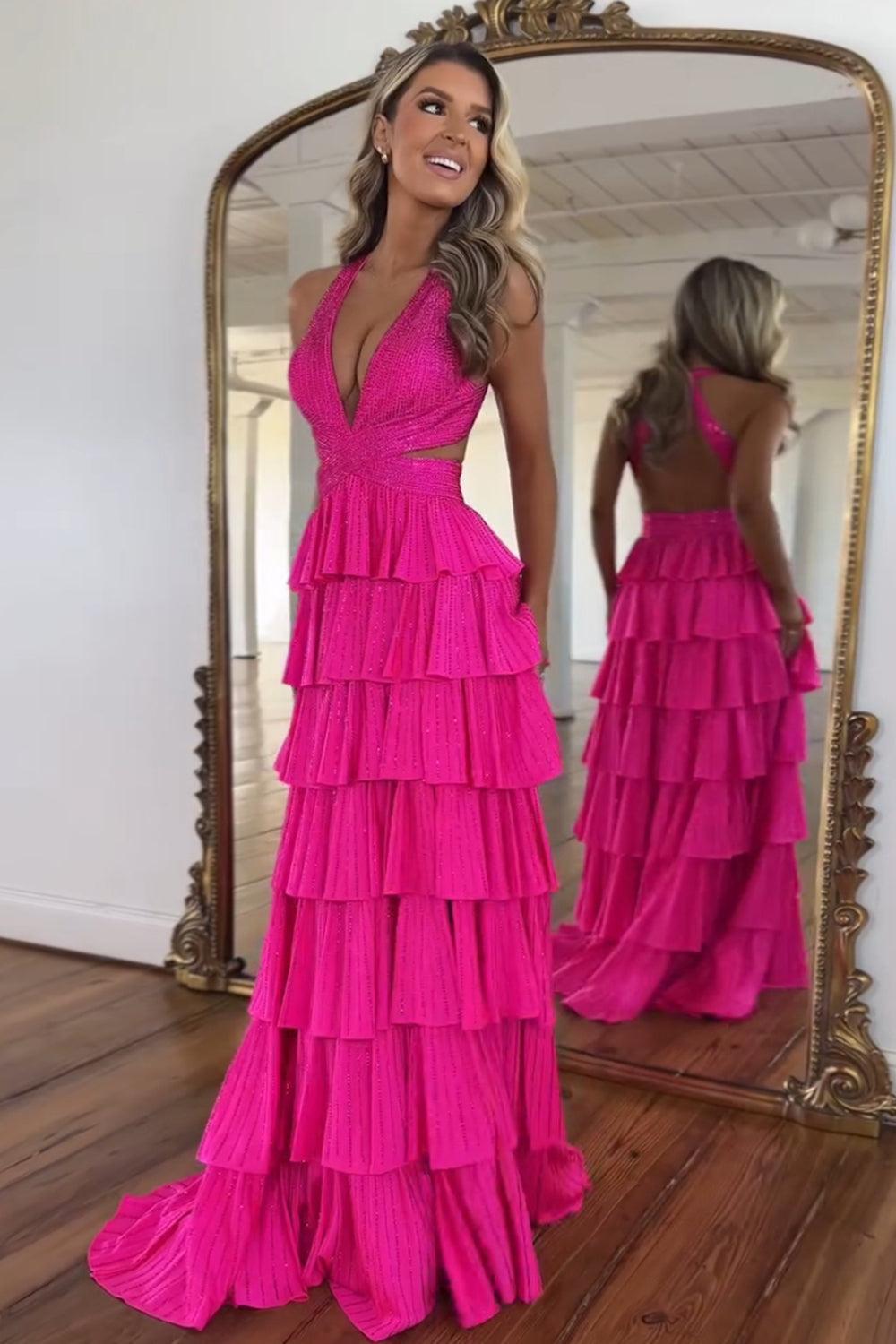 Halter Silver Prom Dress Tiered A-Line Long Formal Dress With Slit