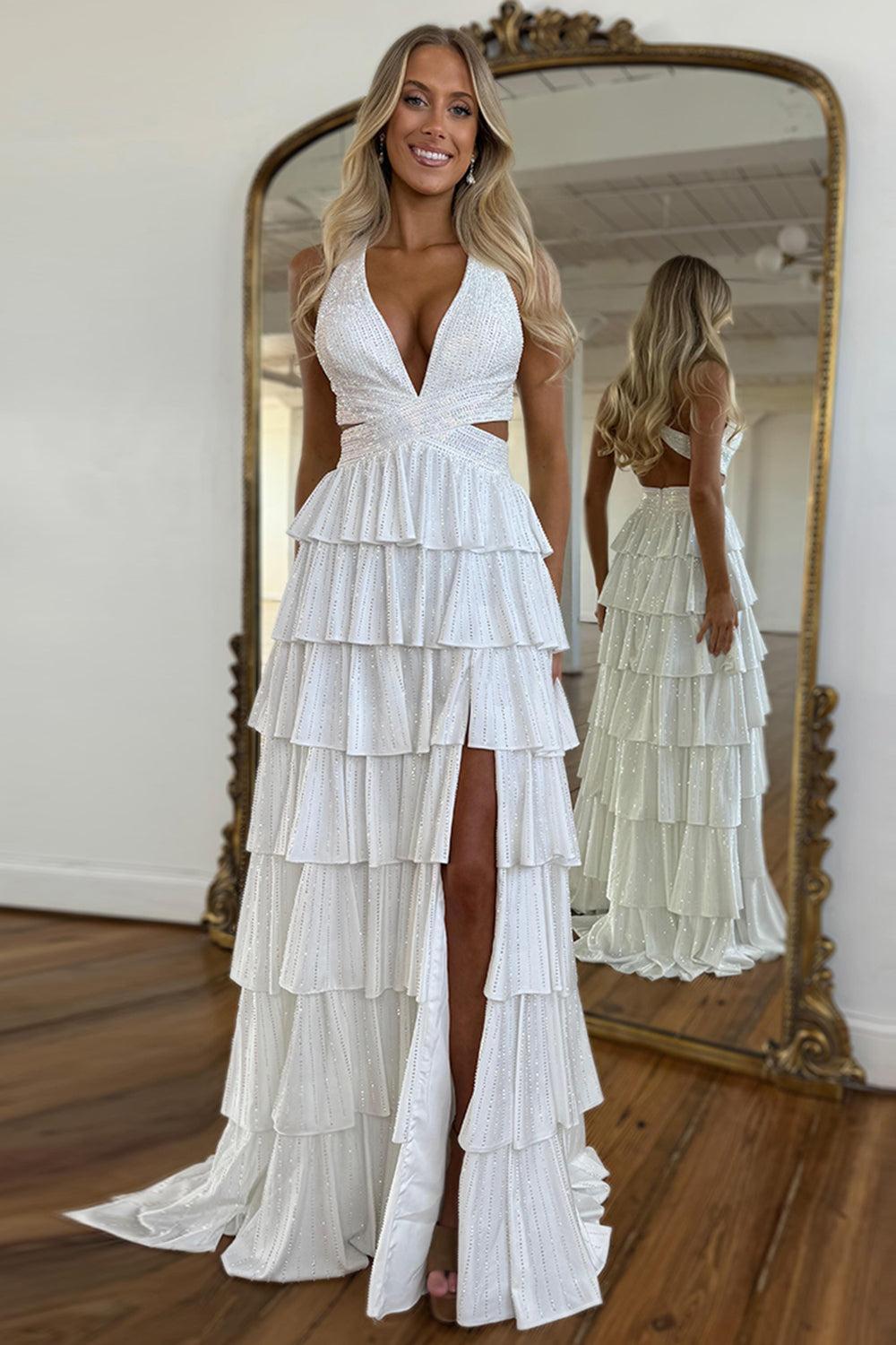 Halter Silver Prom Dress Tiered A-Line Long Formal Dress With Slit