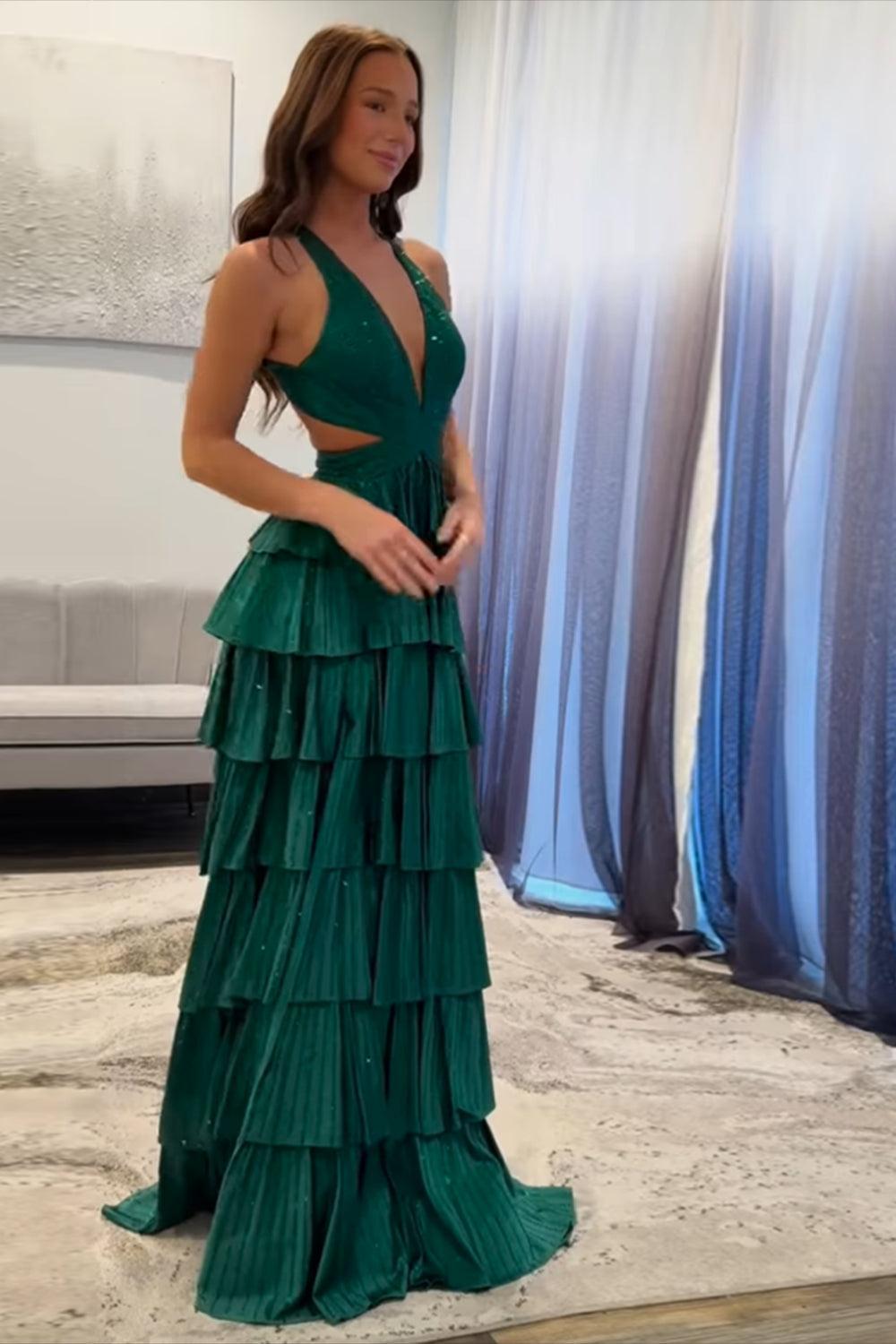 Halter Silver Prom Dress Tiered A-Line Long Formal Dress With Slit