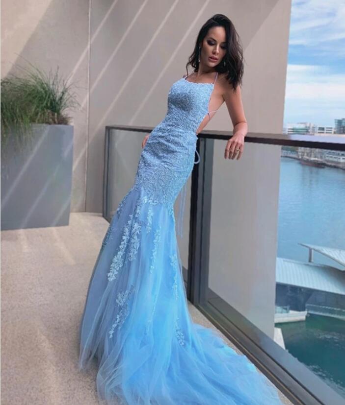 Halter Sky Blue Tulle Lace Appliques Mermaid Prom Dresses Long