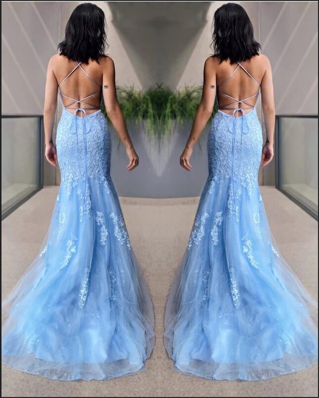 Halter Sky Blue Tulle Lace Appliques Mermaid Prom Dresses Long