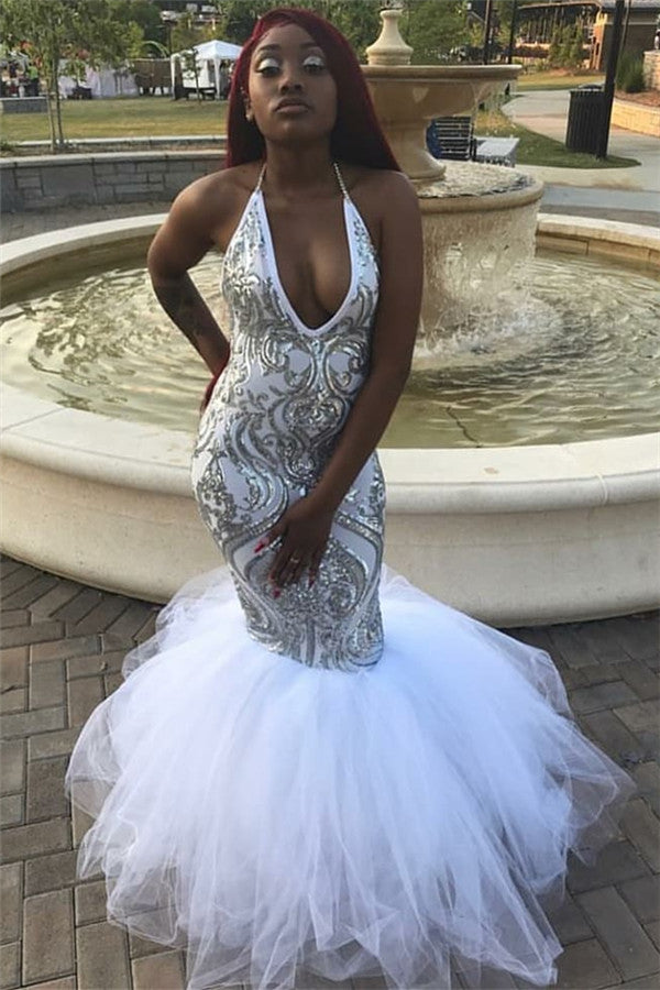 Halter Sleeveless Appliques Prom Dresses | V-Neck Tulle Mermaid Party Dresses