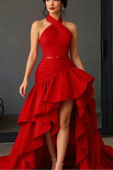 Halter Sleeveless Long Split Evening Formal Dress With Pleated Ruffled