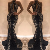 Halter Sleeveless Sexy Evening Dresses | Black Shiny Keyhole Prom Dress with Lace Appliques
