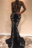 Halter Sleeveless Sexy Evening Dresses  | Black Shiny Keyhole Prom Dress with Lace Appliques