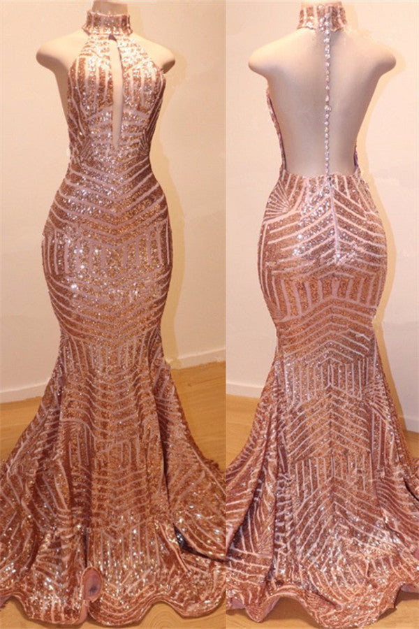 Halter Sparkle Sequins Sexy Prom Dress Online | Mermaid Sleeveless Sheer Back Evening Gowns BC0561