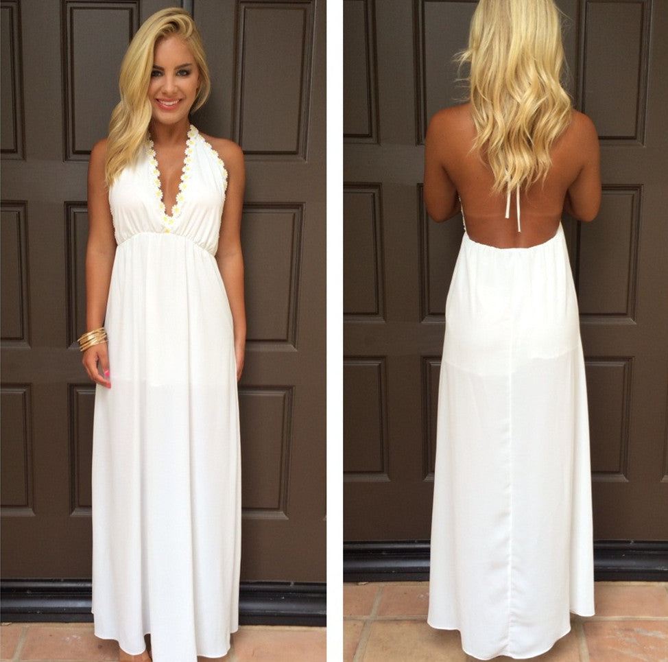 Halter Summer White V-Neck Evening Gowns Backless Maxi Dresses