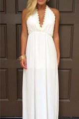Halter Summer White V-Neck Evening Gowns Backless Maxi Dresses