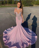 Halter Sweetheart Beading Sleeveless Floor-length Mermaid Prom Dresses