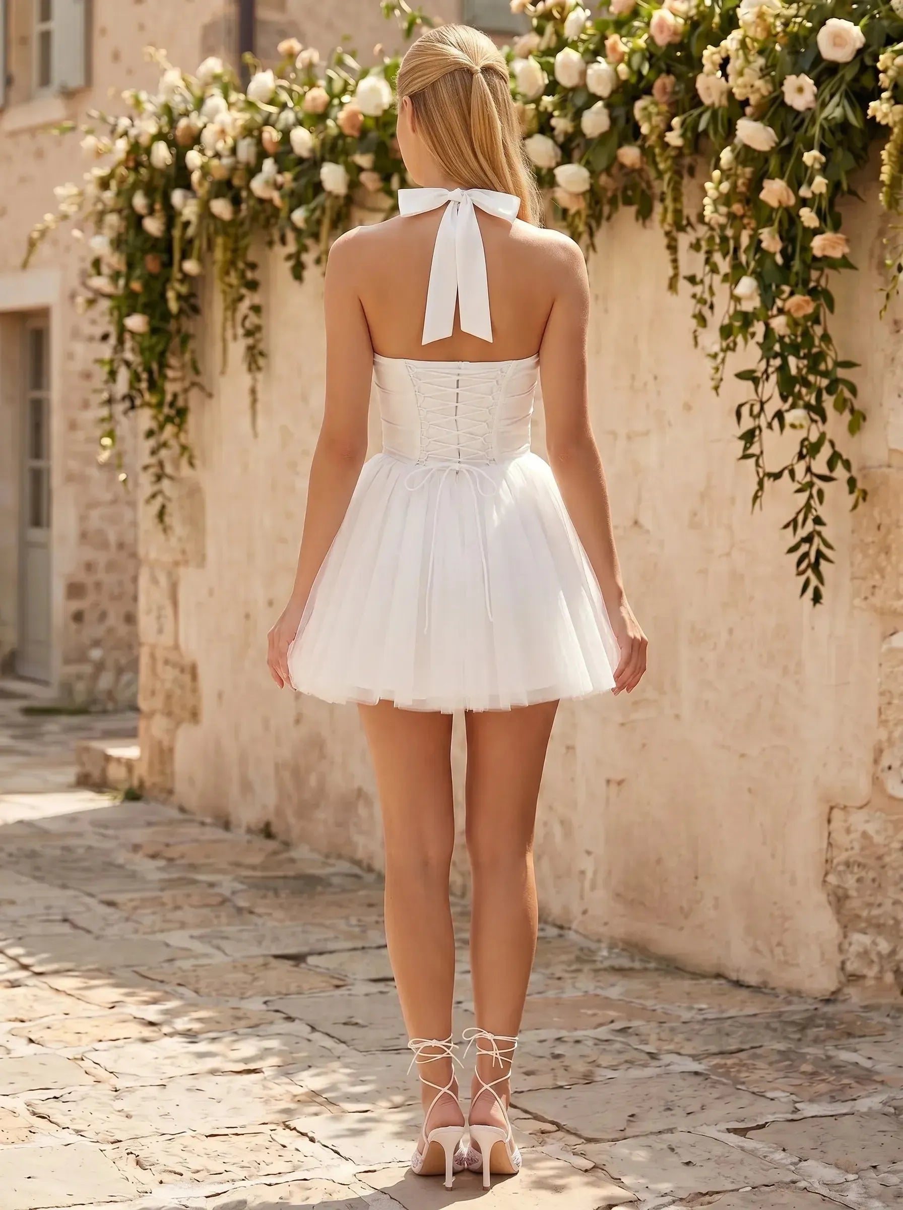 Halter Sweetheart Bow Accent Tulle Homecoming Dresses Mini Cocktail Dress