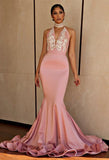 Halter V-neck Mermaid Beading Prom Dress | Sexy Backless Pink Evening Dress with Long Train