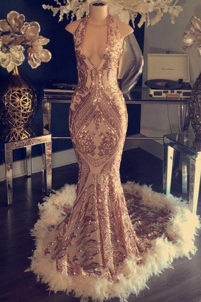Halter V-neck Sequined Appliques Prom Dress with Feather | Sleeveless Sexy Graduation Dresses BC1048