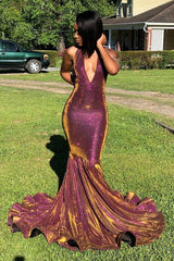 Halter V-neck Shiny Prom Dresses | Mermaid Sleeveless Evening Gowns