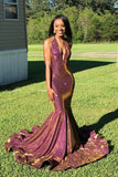 Halter V-neck Shiny Prom Dresses | Mermaid Sleeveless Evening Gowns