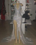 Halter V-neck Silver Sequins Prom Dress With Split Evening Dress BC0633