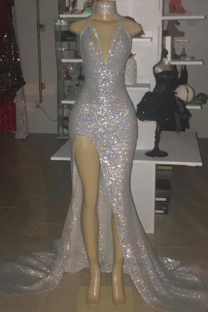 Halter V-neck Silver Sequins Prom Dress With Split Evening Dress BC0633
