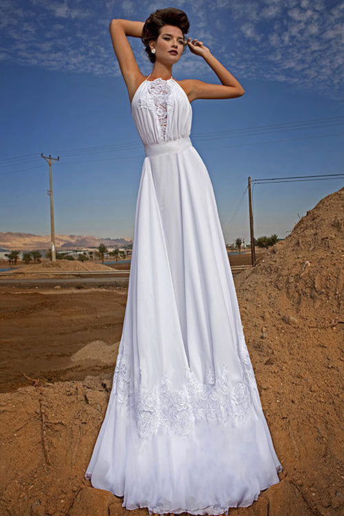 Halter White Chiffon Beach Bridal Dresses Waistband Applique Wedding Dresses