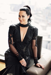 Hi-lo Puffy Mermaid Black Long-Sleeves Lace Appliques Deep-V-Neck Prom Dresses