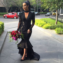 Hi-lo Puffy Mermaid Black Long-Sleeves Lace Appliques Deep-V-Neck Prom Dresses