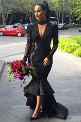 Hi-lo Puffy Mermaid Black Long-Sleeves Lace Appliques Deep-V-Neck Prom Dresses