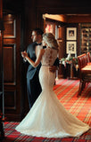 High Collar Lace Mermaid Sexy Wedding Dress White Crystal Sweep Train Formal Bridal Gown MH005