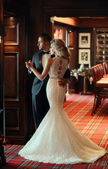 High Collar Lace Mermaid Sexy Wedding Dress White Crystal Sweep Train Formal Bridal Gown MH005