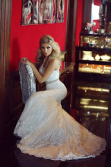 High Collar Lace Mermaid Sexy Wedding Dress White Crystal Sweep Train Formal Bridal Gown MH005