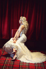 High Collar Lace Mermaid Sexy Wedding Dress White Crystal Sweep Train Formal Bridal Gown MH005