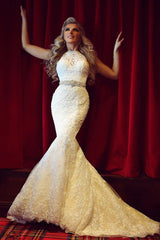 High Collar Lace Mermaid Sexy Wedding Dress White Crystal Sweep Train Formal Bridal Gown MH005