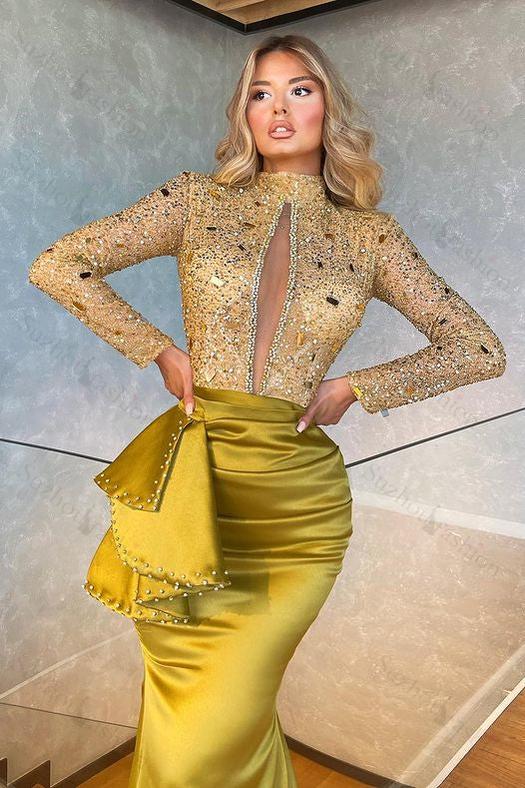 High Collar Long Sleeves Mermaid Pleated Sequined Evening Formal Dress With Beadings