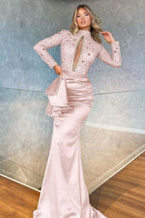 High Collar Long Sleeves Mermaid Pleated Sequined Evening Formal Dress With Beadings