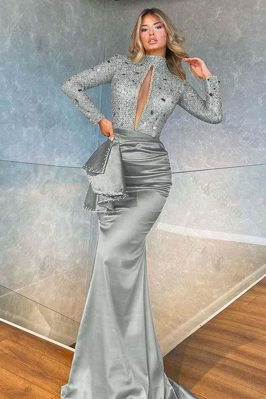 High Collar Long Sleeves Mermaid Pleated Sequined Evening Formal Dress With Beadings
