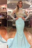 High Collar Mermaid Two Piece Prom Dress Elegant Long Sleeve Lace Evening Dresses