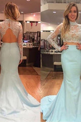 High Collar Mermaid Two Piece Prom Dress Elegant Long Sleeve Lace Evening Dresses