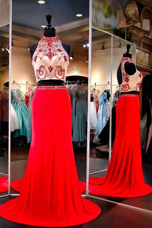 High Collar Two Piece Prom Dresses Beading Open Back Long Evening Gowns