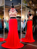 High Collar Two Piece Prom Dresses Beading Open Back Long Evening Gowns