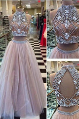High Collar Two Piece Tulle Evening Dress with Beading A-Line Halter Long Prom Dress CE0108