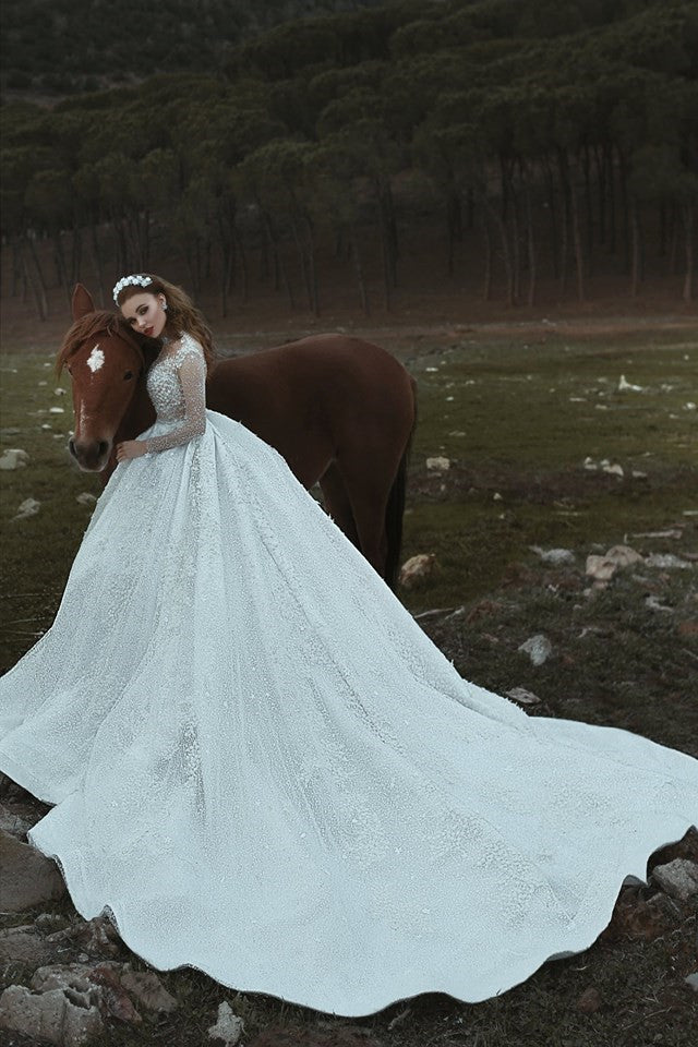 High Neck Appliques Sparkly Beads Sequins Wedding Dresses | Long Sleeve  Princess Ball Gown Bridal Dresses Luxury