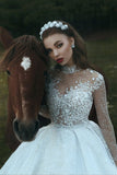 High Neck Appliques Sparkly Beads Sequins Wedding Dresses | Long Sleeve Princess Ball Gown Bridal Dresses Luxury