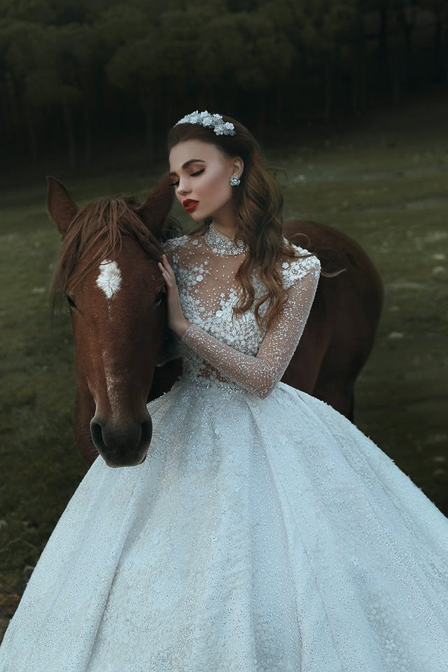 High Neck Appliques Sparkly Beads Sequins Wedding Dresses | Long Sleeve Princess Ball Gown Bridal Dresses Luxury